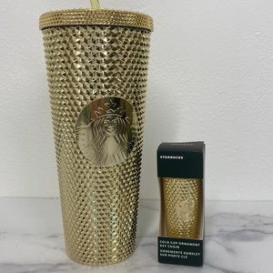 STARBUCKS SET studded gold Venti 24 oz tumbler w/ matching ornament 2022 NWT
